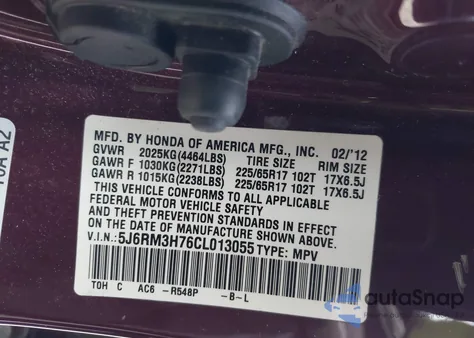 2012 Honda Cr-V Ex-L from USA, damaged, VIN 5J6RM3H76CL013055